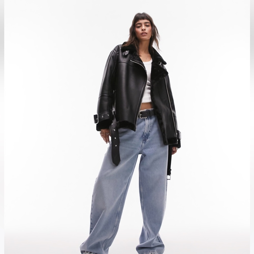 Topshop Oversized Leather Jacket - Aviator Biker Jacket with Faux Fur - Picture 6 of 7